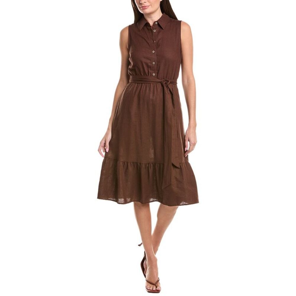 Jones New York Womens  Belted Linen-Blend Midi Shirtdress, Brown